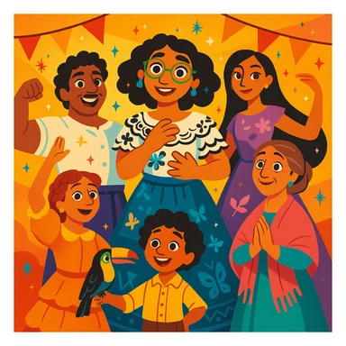 Madrigal family from Encanto, whimsical illustration, each character in a dynamic pose, magical sparkles, festive atmosphere sticker