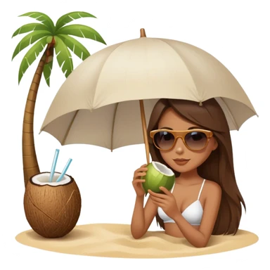 Girl with long brown hair wearing sunglasses and sipping from a coconut elegant sand and white aesthetic umbrella  sticker