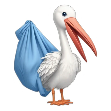 White stork carrying a blue bundle of cloth in its big beak that has a cute human person cute baby boy inside and his head is peeking from the fabric the strok is carrying in its beak sticker