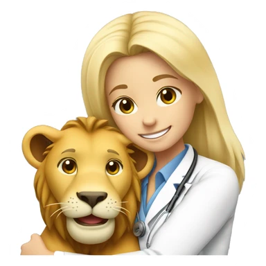 blonde hair smiling veterinarian girl having cuddles with lion sticker