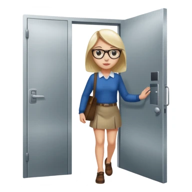 a girl walking through the door into a computer room in an organized manner sticker
