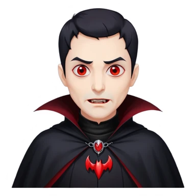 Nam 50 tuổi, mắt đỏ, da trắng, tóc ngắn màu đen, có răng nanh, mặt hơi đáng sợ như ma cà rồng, áo măng tô cổ cao màu đen, nửa thân trên sticker