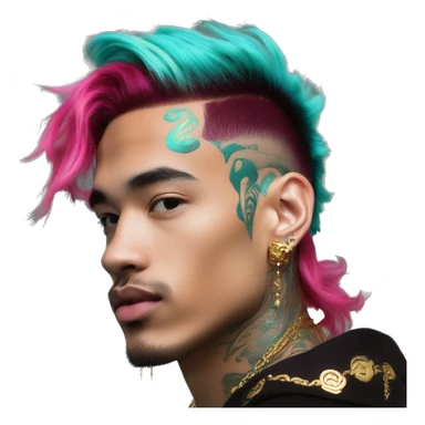 Vintage patina intricate swirls gold jewellery baroque golden sparkle tropical Deep pink maroon burgundy cyan dark hoodie man vitiligo dyed hair gold piercings nose piercing ear piercings sticker