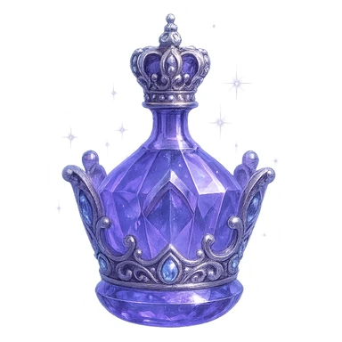 small luxurious crystal elixir bottle in crown shape, color #7986cb, ornate silver and iridescent details, magical glowing and sparkling effects, very small neck, seamless bottom, bottle clearly floating in air, no base or shadow, modern, collection style sticker