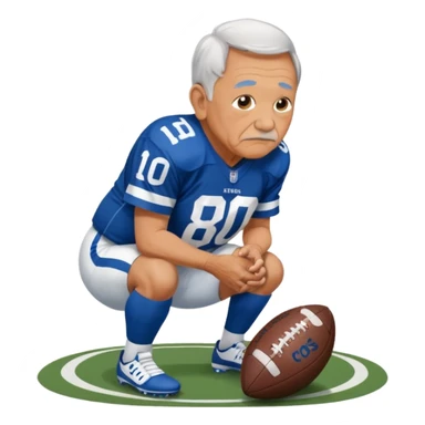 A grandpa playing football wearing an Indianapolis Colts jersey is. Show him kind of crouch down to the ground, holding the football and the name rivers on the back of his jersey. sticker