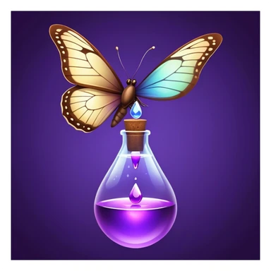 Small brown bottle floating with dim light, with a purple drop suspended in the air, slowly spinning in front of a luminous butterfly representing the thyroid sticker