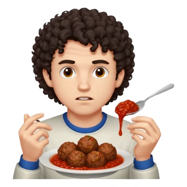 Ragazzo di 20 anni con capelli ricci scuri, leggermente arrabbiato che mangia 2 polpette  sticker