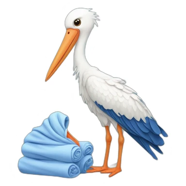 White stork carrying a blue bundle of cloth that has a human person cute baby human in it and the human baby head is peeking from the fabric the strok is carrying in its beak sticker