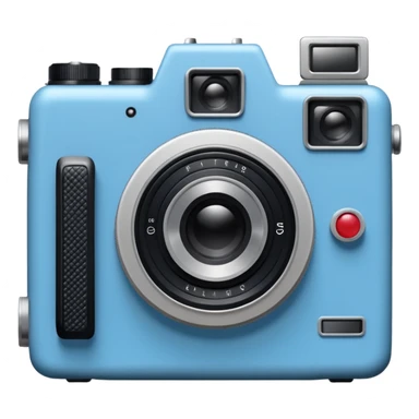 A hand-drawn doodle in a minimalist, cartoon style of a [vintage camera]. The object is white with thick, rough, black marker outlines and two small black dot eyes. It is a simple sketch with no realistic textures, centered on a solid [blue] circular background." sticker