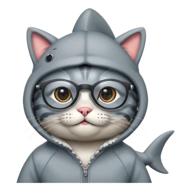 A cat in shark costume with glasses and a hat sticker