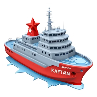 Realistic 3D icon of icebreaker "Kapitan Krutov" (grey hull, red star, white superstructure, "РОСМОРПОРТ" lettering). Soft winter lighting, 3/4 aerial view. Fractured blue ice, white background. High detail, photorealistic GSON style. sticker