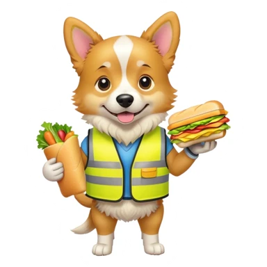 dog wearing a construction vest and holding a big juicy sandwich sticker