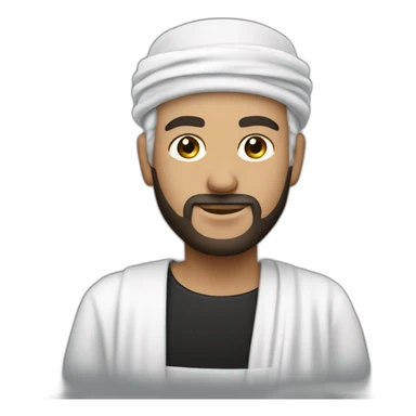 White man wearing black omani musar (head cover), with white dress sticker