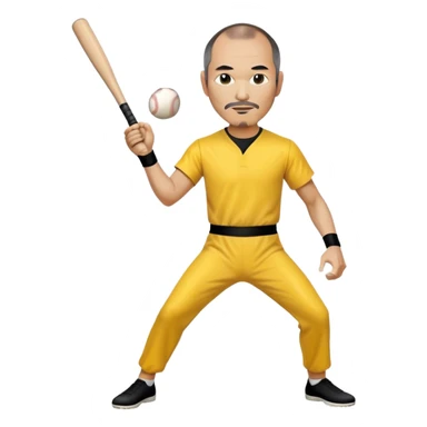 Steve Jobs wearing Bruce Lee's yellow jumpsuit, holding a baseball bat and ball sticker
