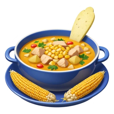 emoji of ajiaco soup served in a deep plate with potatoes, chicken, and corn, classic emoji style, vivid colors sticker