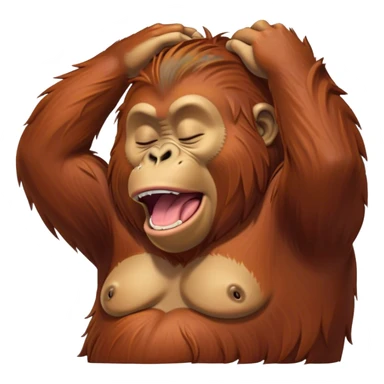 Cinematic Cute Yawning Orangutan Portrait Emoji, Head tilted slightly with a dramatic, wide-open yawn, showcasing a richly textured face with half-closed, sleepy eyes and a relaxed, open expression, Simplified yet irresistibly adorable features, highly detailed, glowing with a soft, cozy jungle glow, high shine, relaxed yet expressive, stylized with a dash of whimsical charm, soft glowing outline, capturing the essence of a drowsy yet affectionate guardian that appears ready to stretch out for a nap! sticker