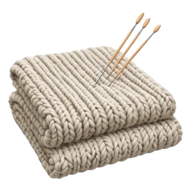 Highly detailed, ultra realistic half finished, Chunky wool, beautiful soft wool blanket, with a pair of realistic knitting needles, still life sticker