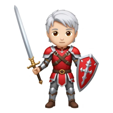 32x32 pixel art emoji, a white-haired boy holding dual swords, inspired by, heroic pose, silver-white hair, glowing red and silver swords, metallic armor details, vibrant colors, transparent background, high contrast, video game icon style. sticker