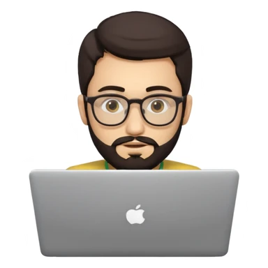 23 year old Azerbaijani man with very dark brown hair and beard with glasses and laptop , light yellow skin face sticker
