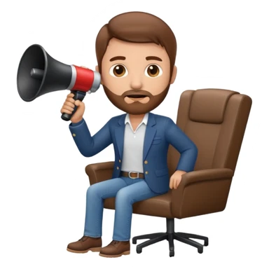 film director emoji with a modern megaphone and director's chair, brown hair and short beard, jeans and a undershirt with blazer top.  sticker