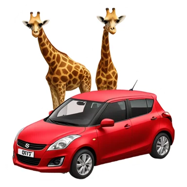 two giraffes driving a red suzuki swift car sticker