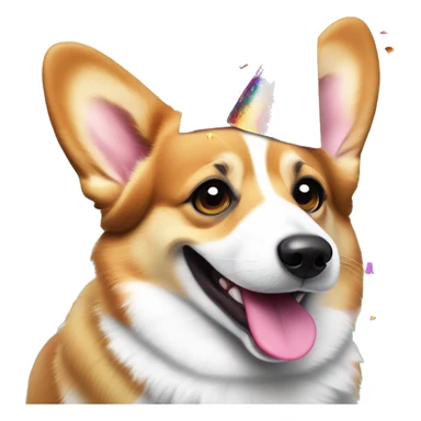 Happy Welsh corgi with a cheeky wink, tongue sticking out, and a colorful party hat, surrounded by confetti for a fun celebration sticker