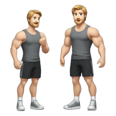 Full height Actively gesturing with hands Pale skinned Fit Man With the biceps and brown hair in dark gray Sleeveless Mike, black oversize sports shorts and white Sneakers sticker