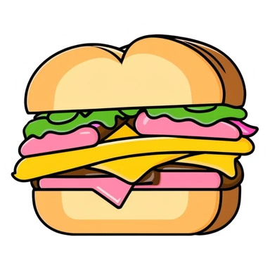 cartoon style half-eaten sloppy sandwich gripped by a hand with pink fingernails sticker