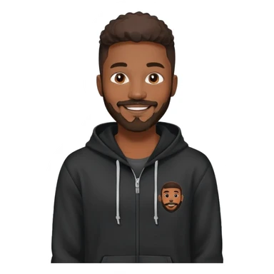 African yound man in his late 20s with a bright smile with a full short boxed beard and moutache , and a low cut hair, black hoody sticker