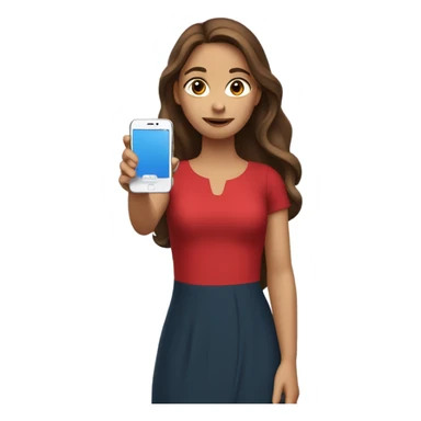 a white girl with long brown hair in a red dress holding a cell phone showing it sticker