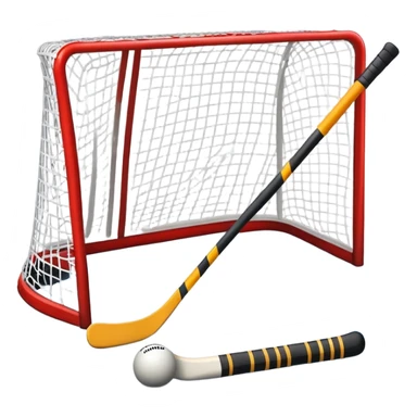 A ball and hockey stick resting on an ice rink, with the goalposts and clear markings in the background. The scene captures the unique nature of field hockey with a ball on ice, emphasizing the speed and precision of the sport in a cold, competitive atmosphere. sticker