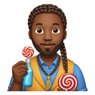 Big black man with braids hold a bottle and a lollipop sticker