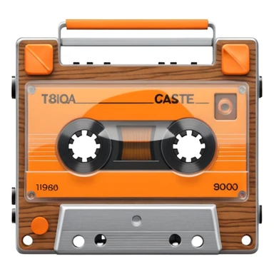 3D render of Cassette Tape, vintage 1980s audio equipment aesthetic, tactile analog buttons, transparent clear plastic with orange ribbon reels inside, mixed wood grain and brushed aluminum textures, Apple emoji style, isolated on white background --v 6.0 sticker