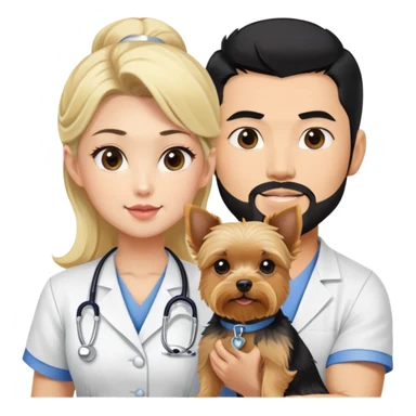 Blonde nurse next to black haired Korean Asian handsome muscular man black pointy hair full goatee.   Holding one blonde yorkie.  sticker