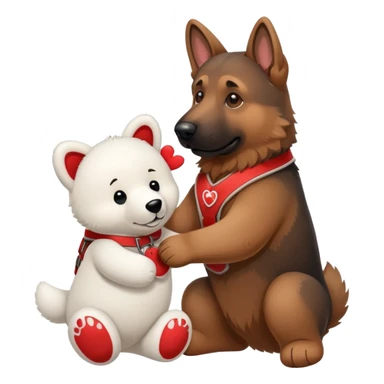 Brown German shepherd with red harness playing with a white plushy bear sticker