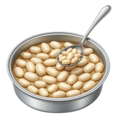 open tin can filled with plump glossy white beans in light slightly starchy broth, smooth oval beans gently piled with natural glisten, metallic shallow partially opened can, no label spoon or garnish, soft lighting, subtle shadows, emoji scale sticker