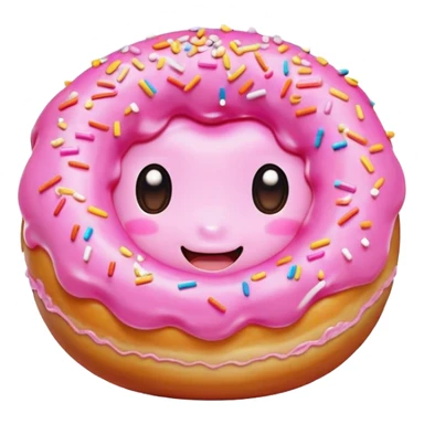 Cinematic tiny happy donut, round and fluffy, golden brown with pink icing and sprinkles, tiny adorable face with blushing cheeks, warm glowing background. sticker