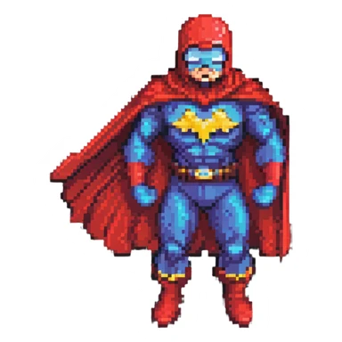 Omni-Man from Invincible, action pose, red cape, iconic mustache, superhero costume, pixelated details, pixel art style sticker