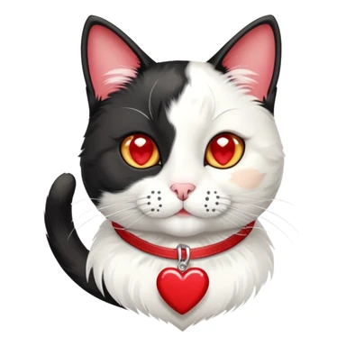 tuxedo cat with red leash and heart pendant, white fur only on mouth, small diamond spot above nose sticker