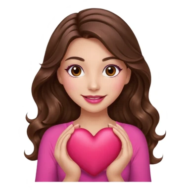 girl with long wavy brown hair, brown eyes, long lashes makeup, sexy pink lips, light to medium complexion, wearing a pink sexy top, smiling, holding a big heart with both hands sticker