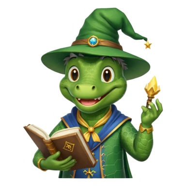 happy alligator wizard, holding a magic book, cheerful expression sticker