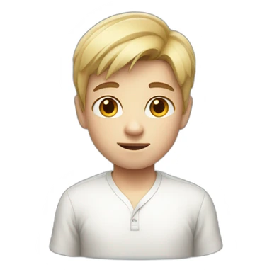 A boy with a short hear has a white skin wearing shirt  sticker