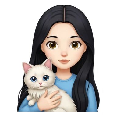 A girl with long black hair holding a cute Ragdoll cat sticker