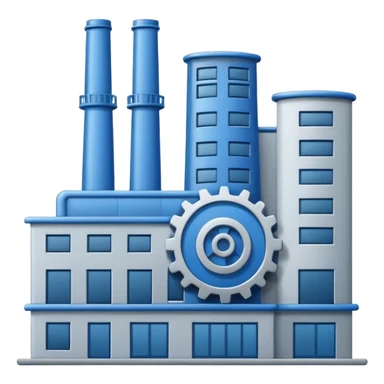 "A minimalist vector icon of a modern manufacturing factory building with a gear symbol above it. Blue and grey color scheme, flat design, white background, simple thick lines, professional business logo style." sticker