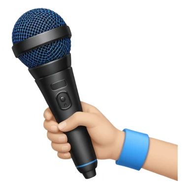 hand holding black stage microphone with blue strip on bottom sticker