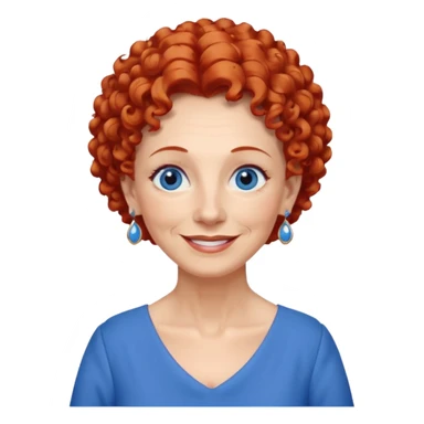 una profesora mayor simpática con el pelo rojo rizado, ojos azules, vestido azul y pendientes azules hablando altura completa sonriendo sticker