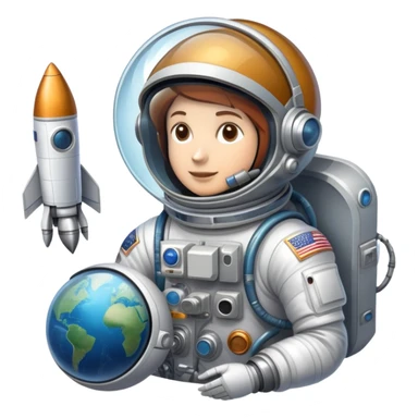 An icon featuring a rocket, a satellite, and an astronaut helmet, symbolizing aerospace technology. The design includes a spaceship, control panels, and orbiting satellites, representing space exploration and aircraft engineering. Transparent background highlights the innovation in aeronautic sticker
