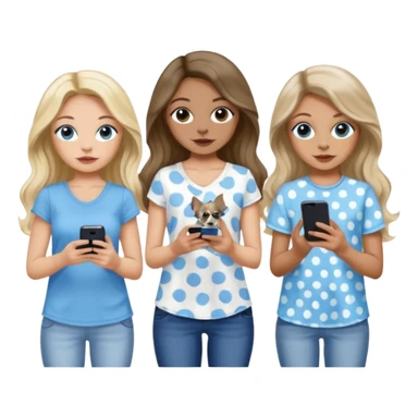Three women in summer clothes holding iPhone, hazel eyed light skin with dark blonde long hair and light skin hazel eyed long wavy dark hair, blue eyed light skin long blonde hair walking 2 dogs,blue and gray spotted Merle Frenchie, black and tan chihuahua  sticker