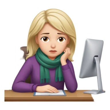 Person sitting at desk, looking tired, winter outside, woman  sticker