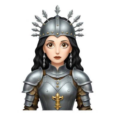 realistic cinematic actress Cher in baroque styling like Joan of Arc dirty damaged armor in a forest sticker